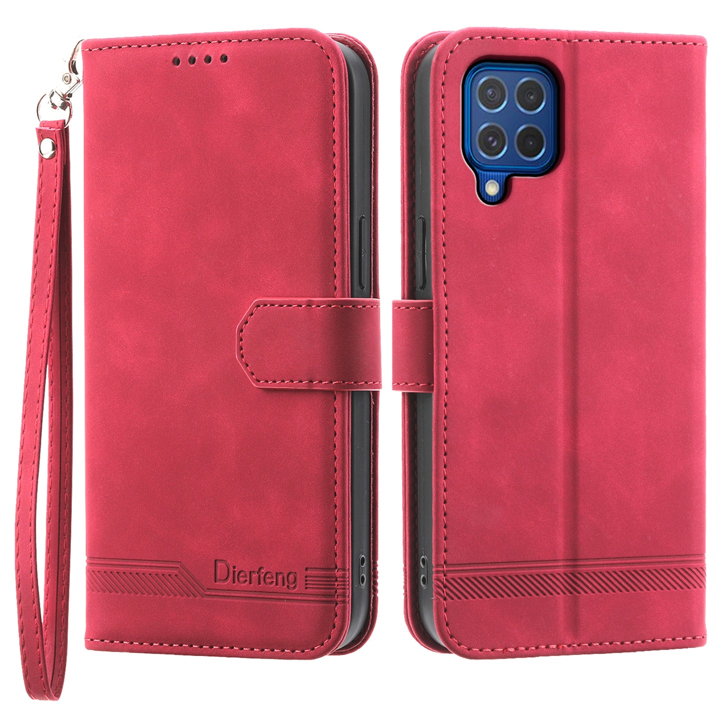 DIERFENG DF-03 Leather Cover for Samsung Galaxy M62 Case Lines Imprinted Wallet Stand Shell - Red