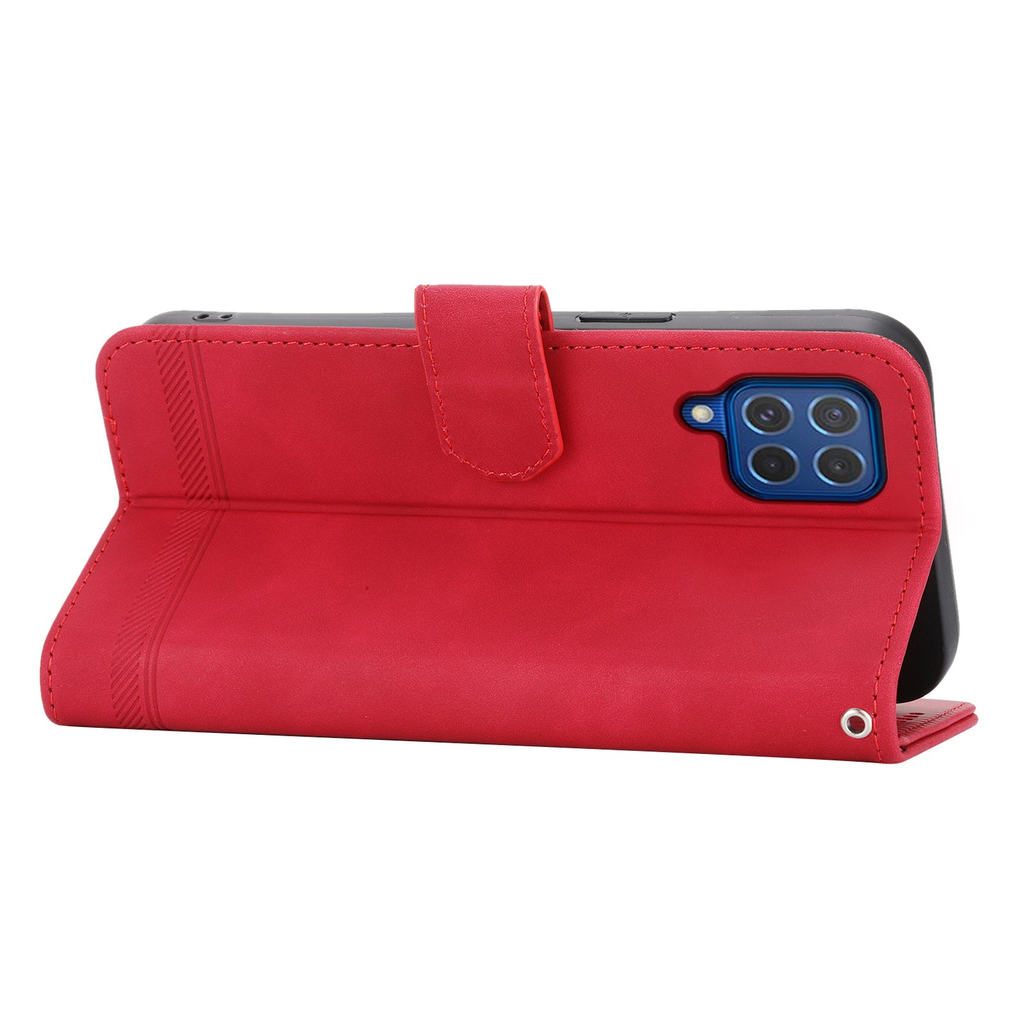 DIERFENG DF-03 Leather Cover for Samsung Galaxy M62 Case Lines Imprinted Wallet Stand Shell - Red