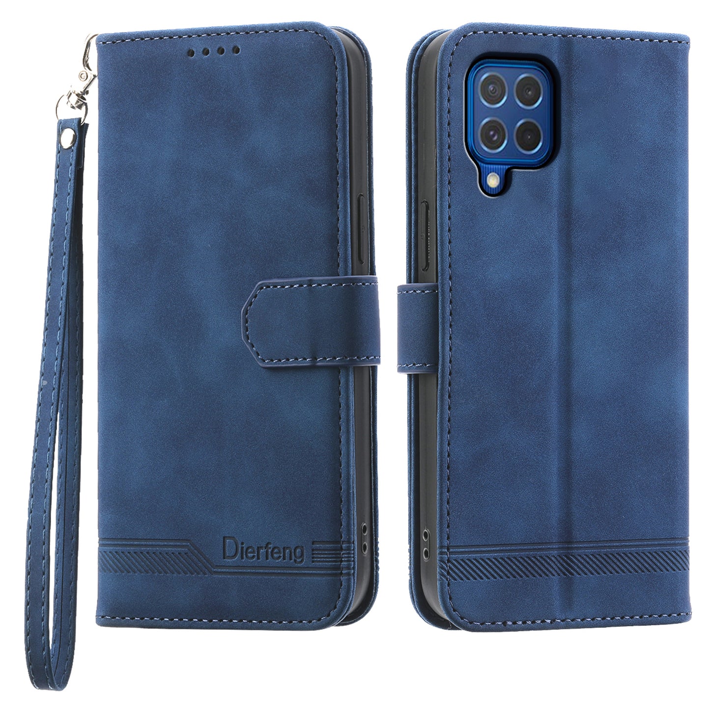 DIERFENG DF-03 Leather Cover for Samsung Galaxy M62 Case Lines Imprinted Wallet Stand Shell - Blue