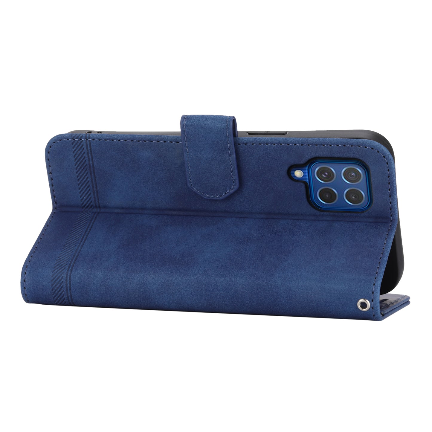 DIERFENG DF-03 Leather Cover for Samsung Galaxy M62 Case Lines Imprinted Wallet Stand Shell - Blue