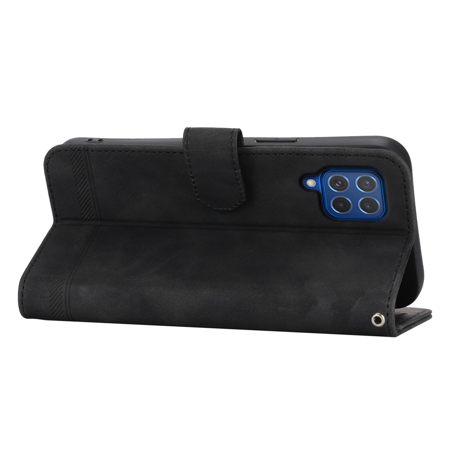 DIERFENG DF-03 Leather Cover for Samsung Galaxy M62 Case Lines Imprinted Wallet Stand Shell - Black