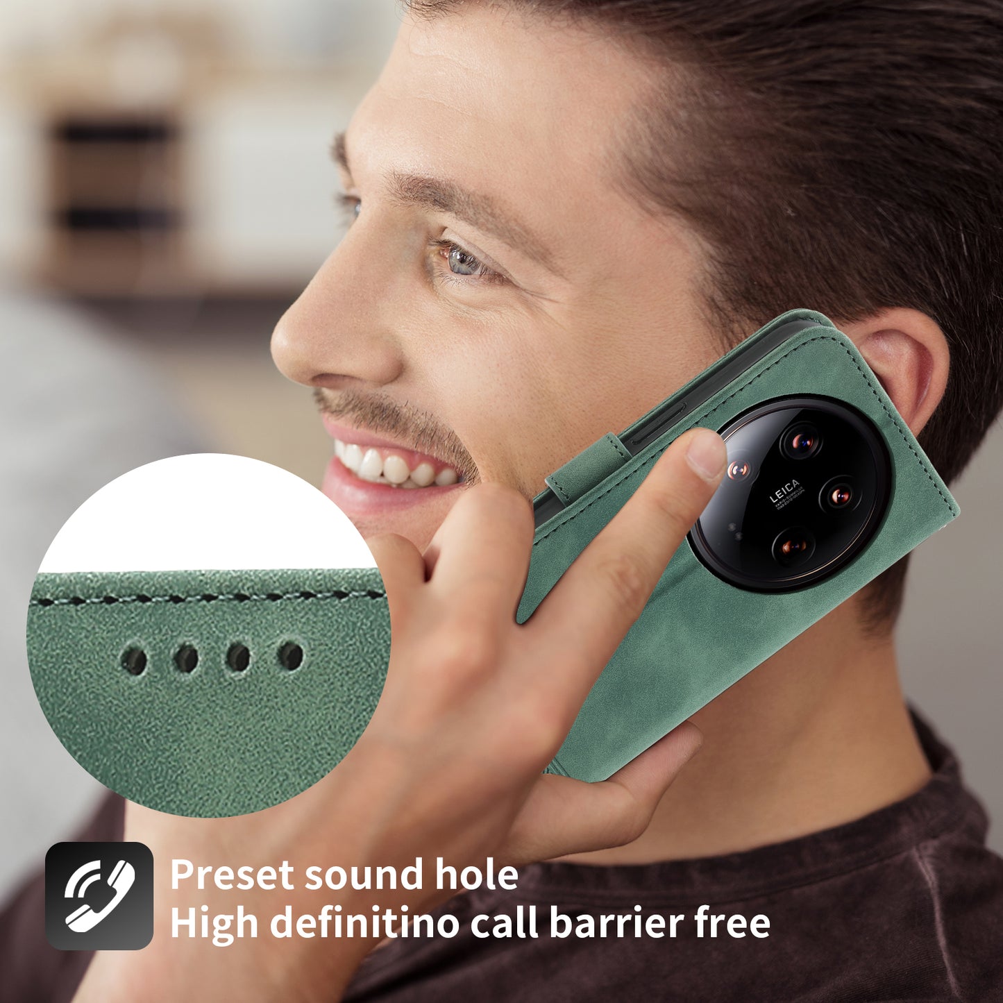 DIERFENG DF-03 Wallet Case for Xiaomi 14 Ultra Phone Shell Lines Imprinted Flip Stand Cover - Green