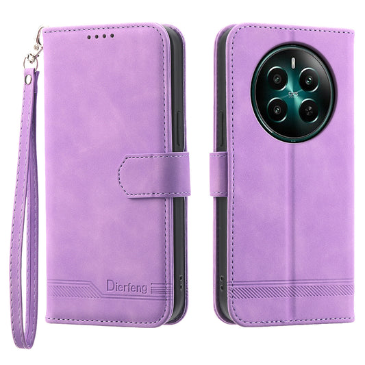DIERFENG DF-03 For Realme 12+ 5G / Narzo 70 Pro 5G Case Imprinted Wallet Phone Cover with Hand Strap - Purple