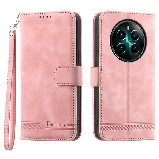 DIERFENG DF-03 For Realme 12+ 5G / Narzo 70 Pro 5G Case Imprinted Wallet Phone Cover with Hand Strap - Pink