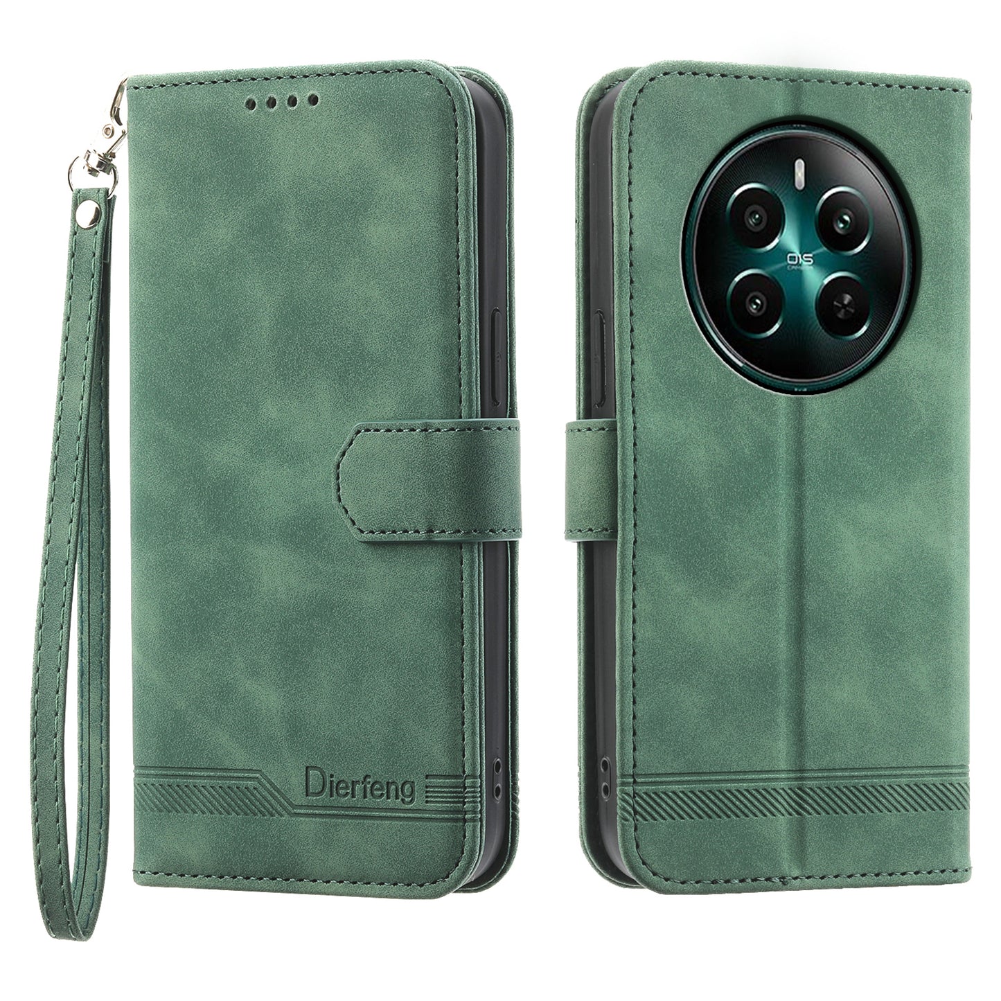 DIERFENG DF-03 For Realme 12+ 5G / Narzo 70 Pro 5G Case Imprinted Wallet Phone Cover with Hand Strap - Green