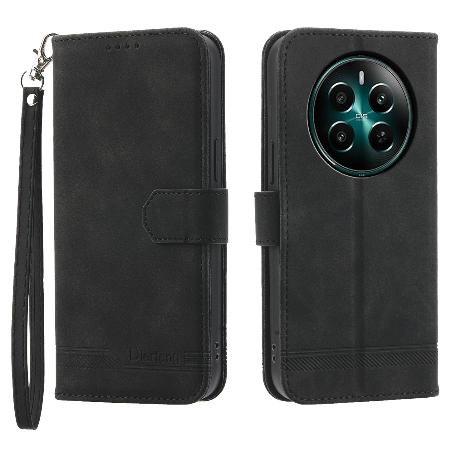 DIERFENG DF-03 For Realme 12+ 5G / Narzo 70 Pro 5G Case Imprinted Wallet Phone Cover with Hand Strap - Black