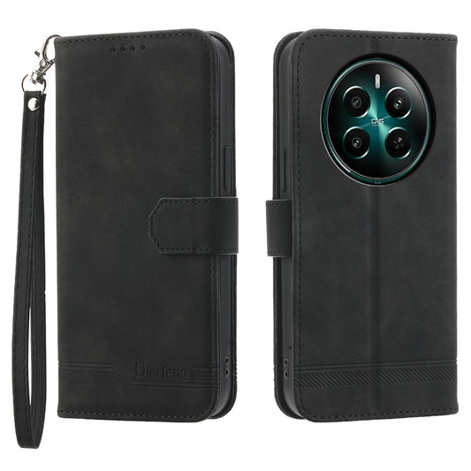 DIERFENG DF-03 For Realme 12+ 5G / Narzo 70 Pro 5G Case Imprinted Wallet Phone Cover with Hand Strap - Black
