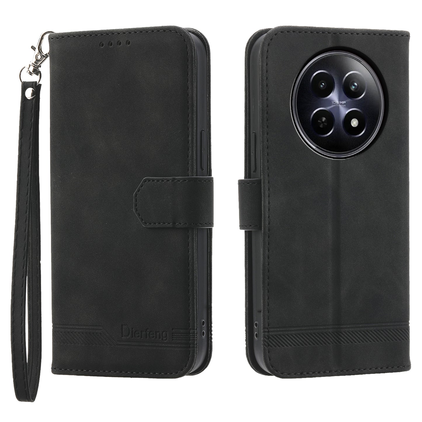 DIERFENG DF-03 Phone Wallet Cover for Realme 12 / 12x 5G Shell Card Slot Lines Imprinted Case - Black