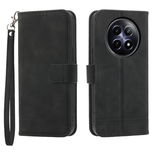 DIERFENG DF-03 Phone Wallet Cover for Realme 12 / 12x 5G Shell Card Slot Lines Imprinted Case - Black