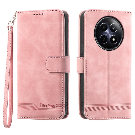 DIERFENG DF-03 Phone Wallet Cover for Realme 12 / 12x 5G Shell Card Slot Lines Imprinted Case - Pink
