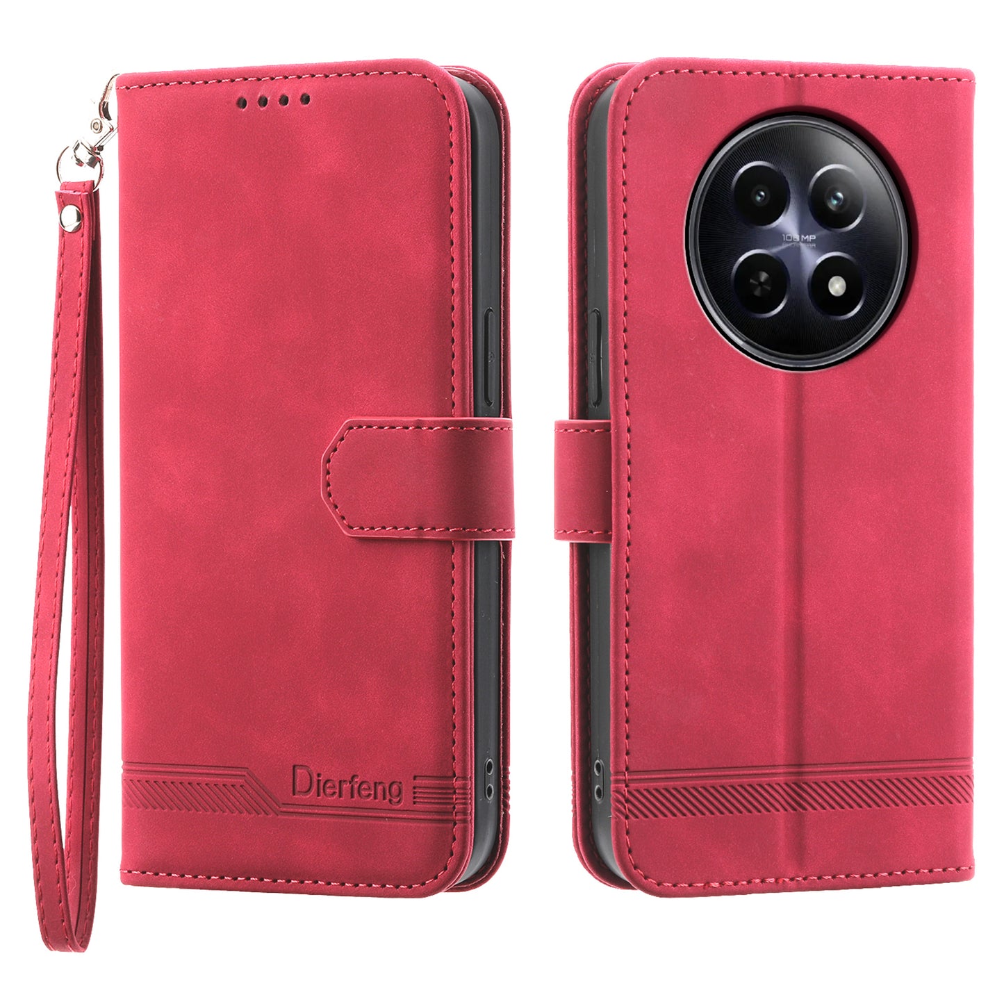 DIERFENG DF-03 Phone Wallet Cover for Realme 12 / 12x 5G Shell Card Slot Lines Imprinted Case - Red