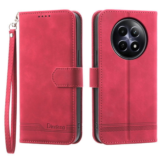 DIERFENG DF-03 Phone Wallet Cover for Realme 12 / 12x 5G Shell Card Slot Lines Imprinted Case - Red