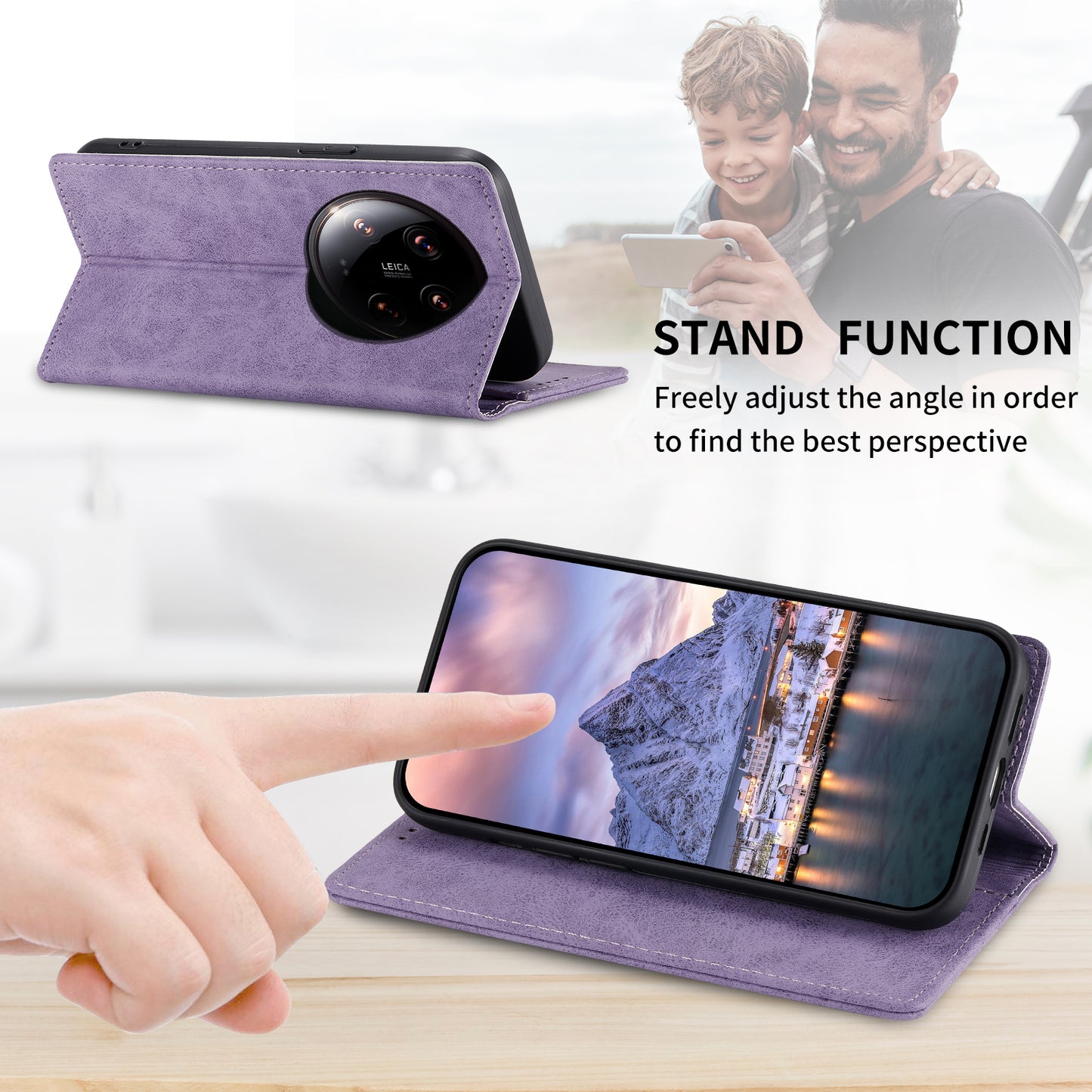 DF-05 For Xiaomi 14 Ultra Case Shockproof PU Leather Business Phone Cover with Stand Function - Purple