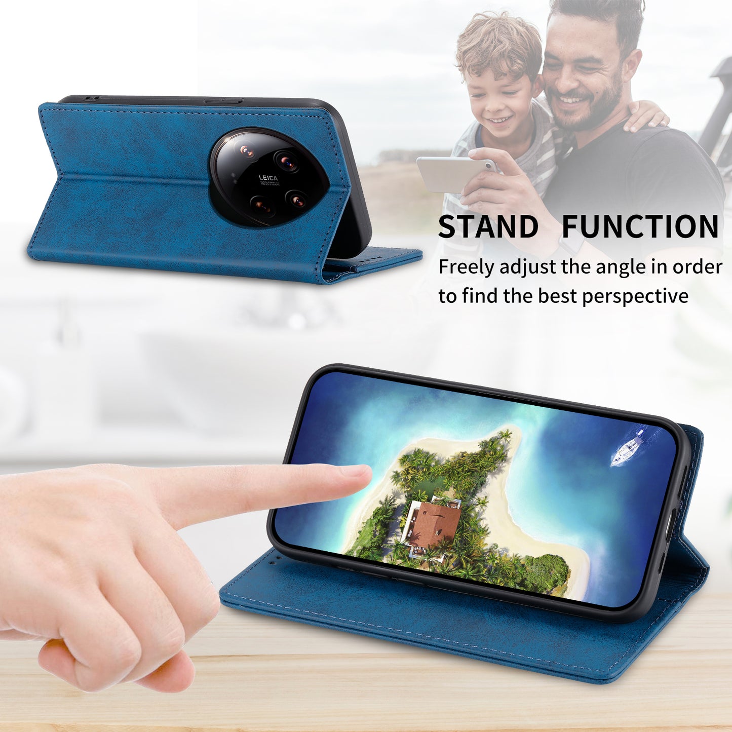 DF-05 For Xiaomi 14 Ultra Case Shockproof PU Leather Business Phone Cover with Stand Function - Blue