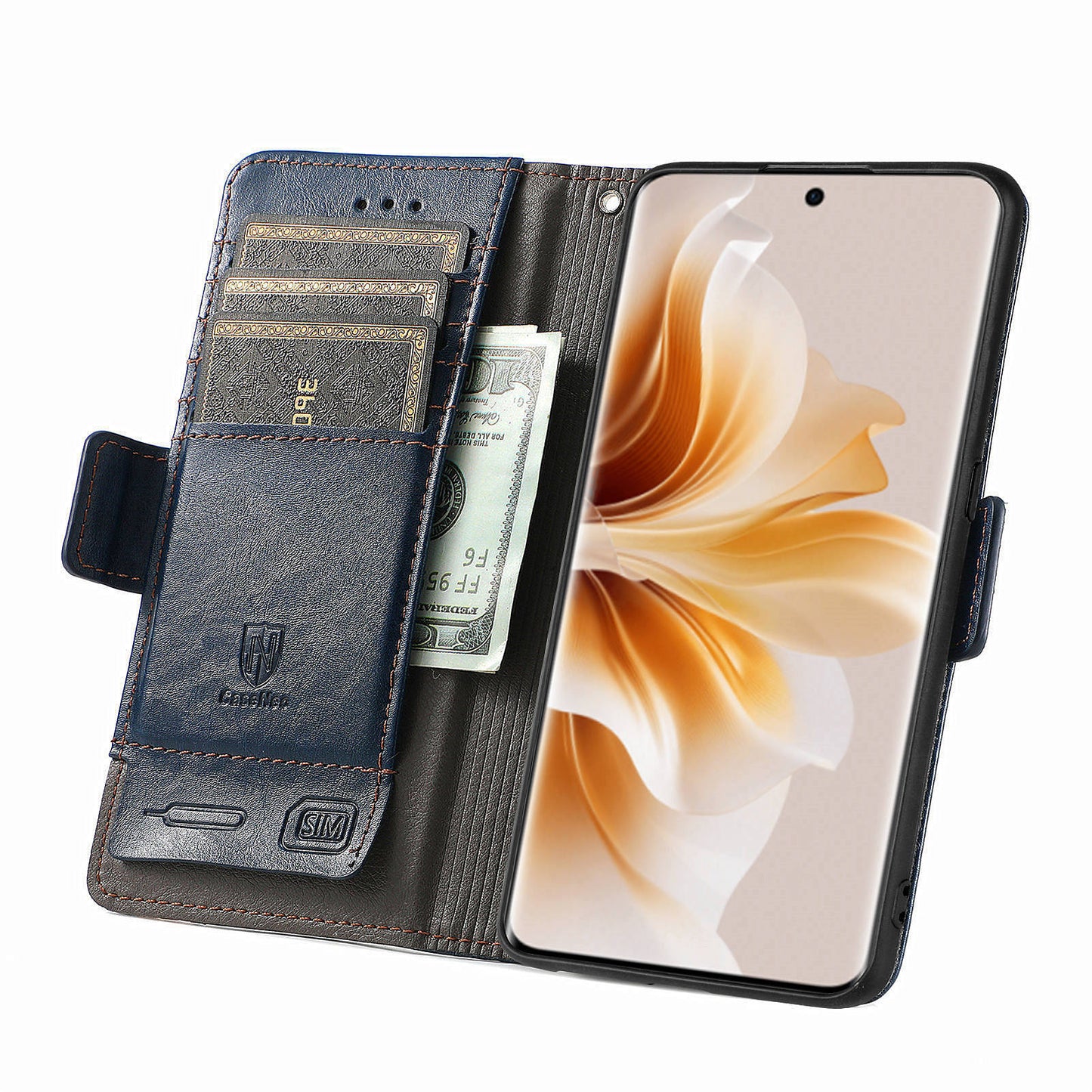 CASENEO 002 Series For Oppo Reno11 Pro 5G (Global) Leather Case Wallet Design Splicing Smart Phone Cover - Dark Blue