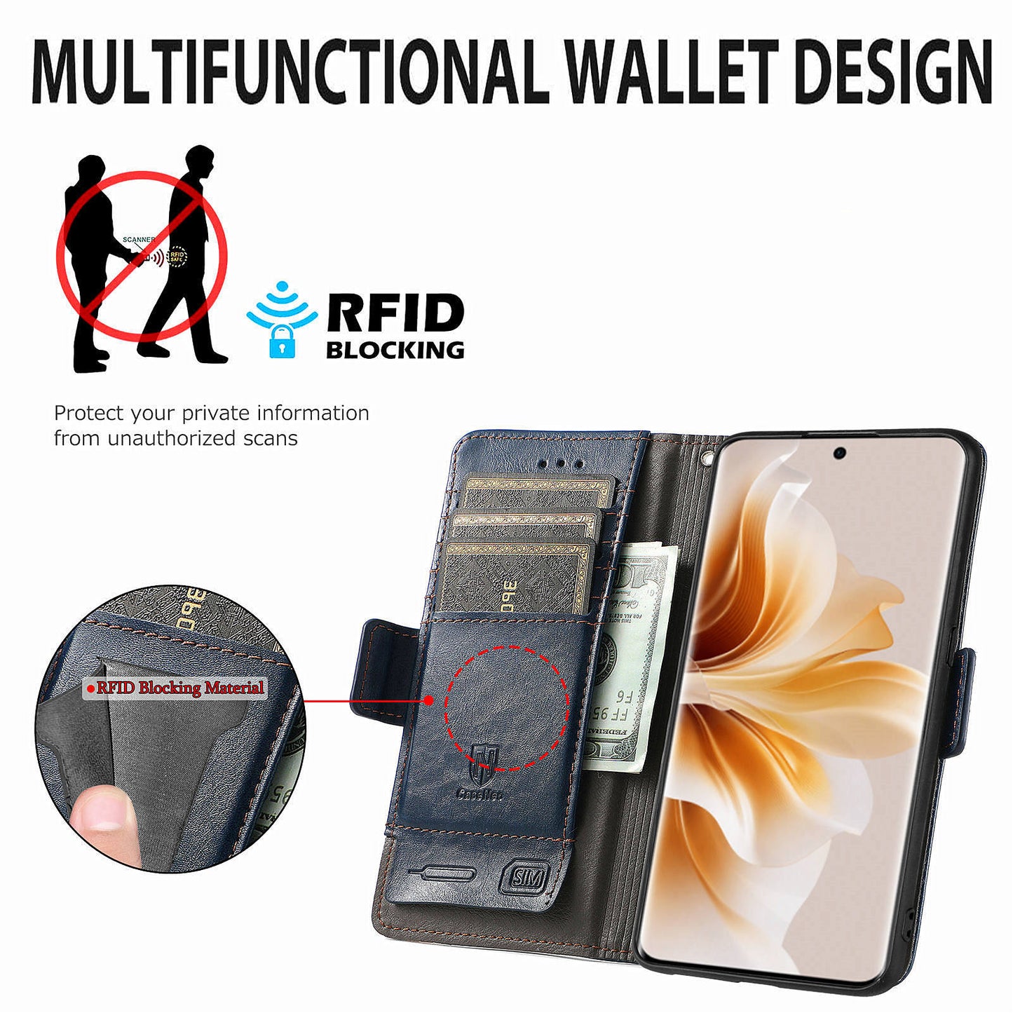CASENEO 002 Series For Oppo Reno11 Pro 5G (Global) Leather Case Wallet Design Splicing Smart Phone Cover - Dark Blue