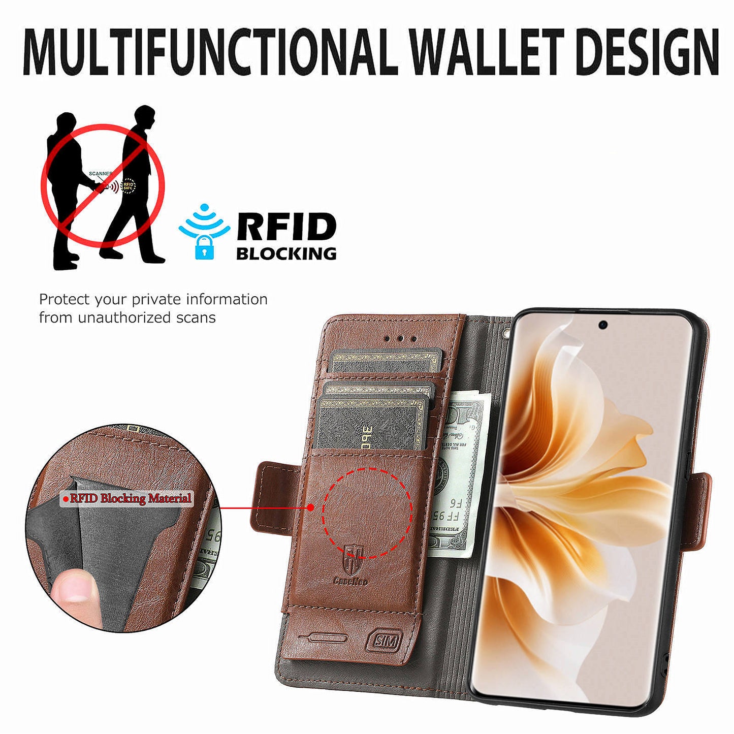 CASENEO 002 Series For Oppo Reno11 Pro 5G (Global) Leather Case Wallet Design Splicing Smart Phone Cover - Dark Brown