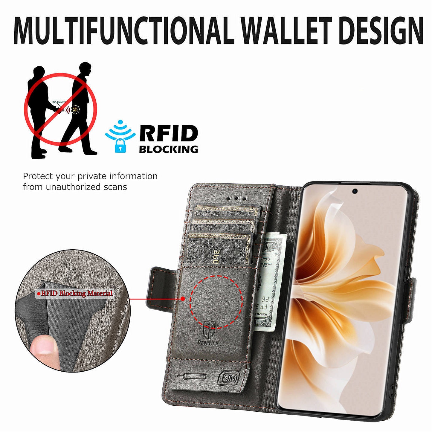 CASENEO 002 Series For Oppo Reno11 Pro 5G (Global) Leather Case Wallet Design Splicing Smart Phone Cover - Grey