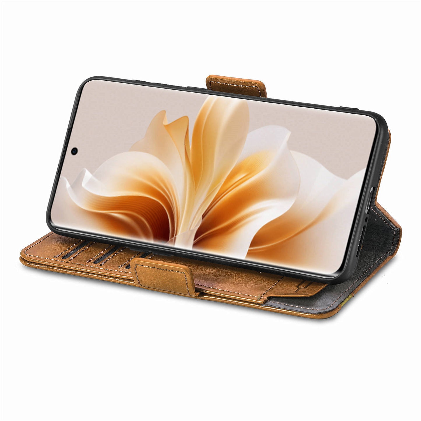 CASENEO 002 Series For Oppo Reno11 Pro 5G (Global) Leather Case Wallet Design Splicing Smart Phone Cover - Light Brown