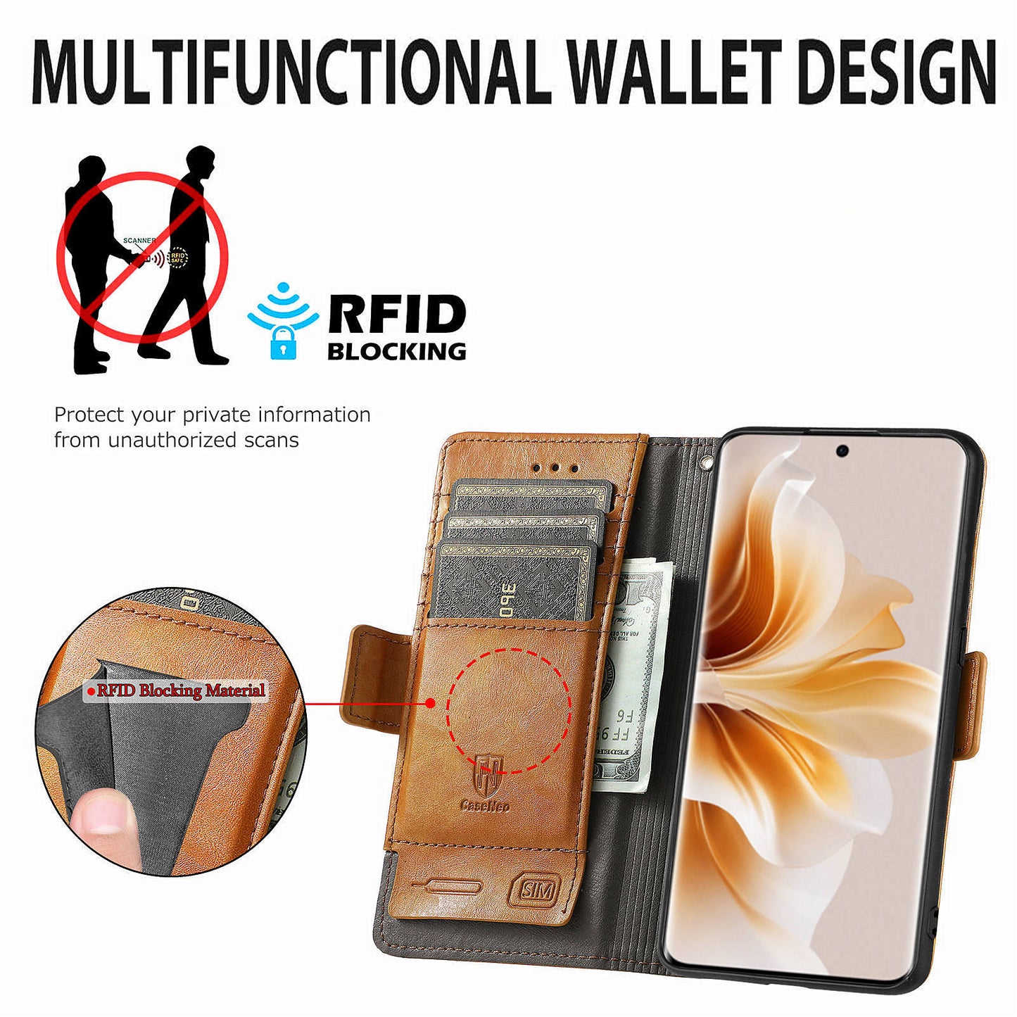 CASENEO 002 Series For Oppo Reno11 Pro 5G (Global) Leather Case Wallet Design Splicing Smart Phone Cover - Light Brown