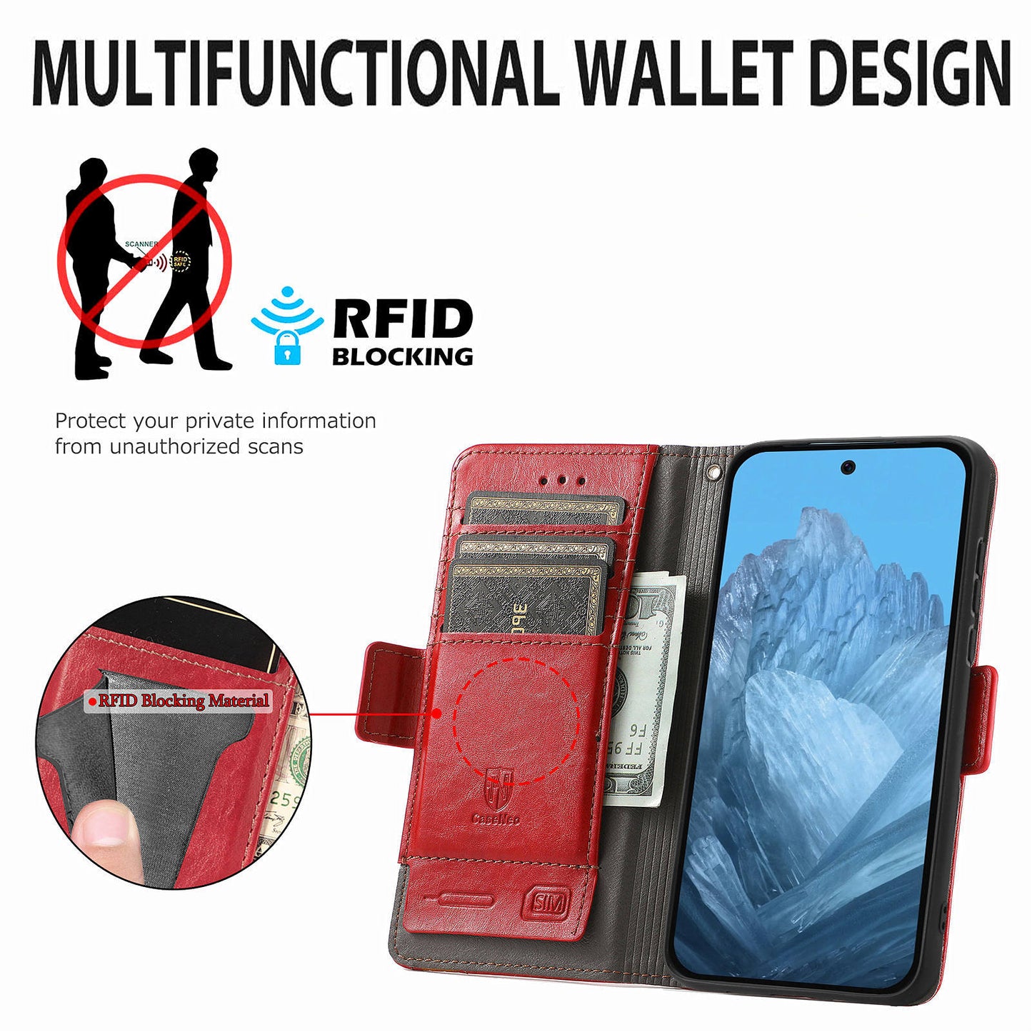 CASENEO 002 Series For Google Pixel 9 Pro Case Splicing Leather Wallet Phone Cover - Red