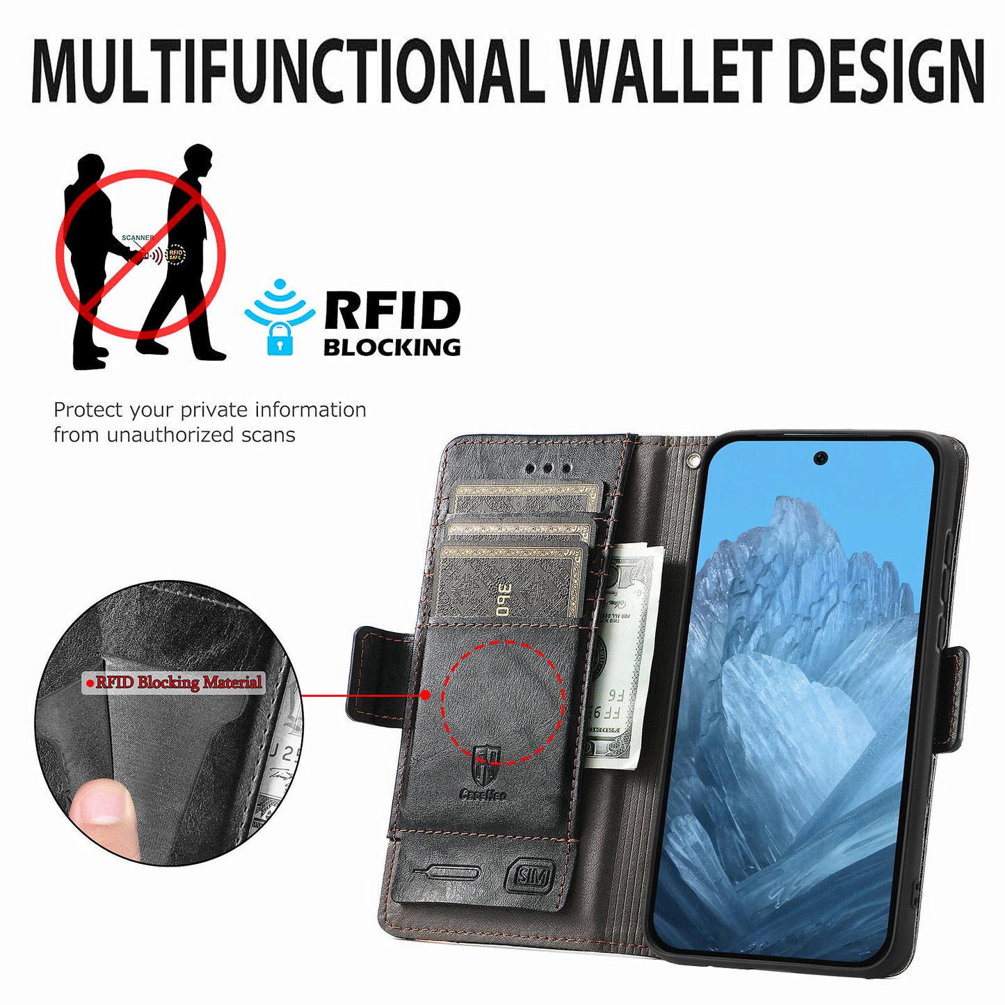 CASENEO 002 Series For Google Pixel 9 Wallet Phone Case Leather Flip Cover Mobile Accessories Wholesale - Black