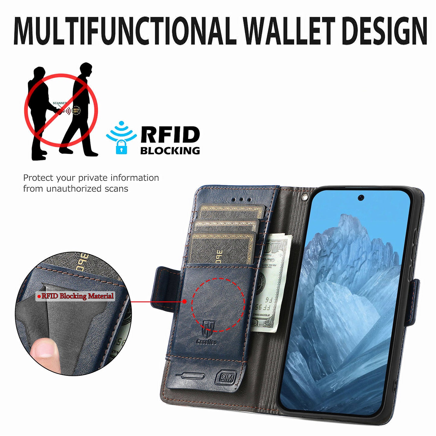 CASENEO 002 Series For Google Pixel 9 Wallet Phone Case Leather Flip Cover Mobile Accessories Wholesale - Dark Blue