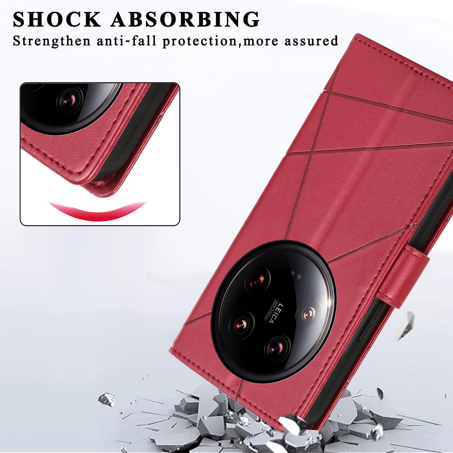 DF-06 For Xiaomi 14 Ultra Case Line Imprinted Leather Phone Cases Wholesale - Red