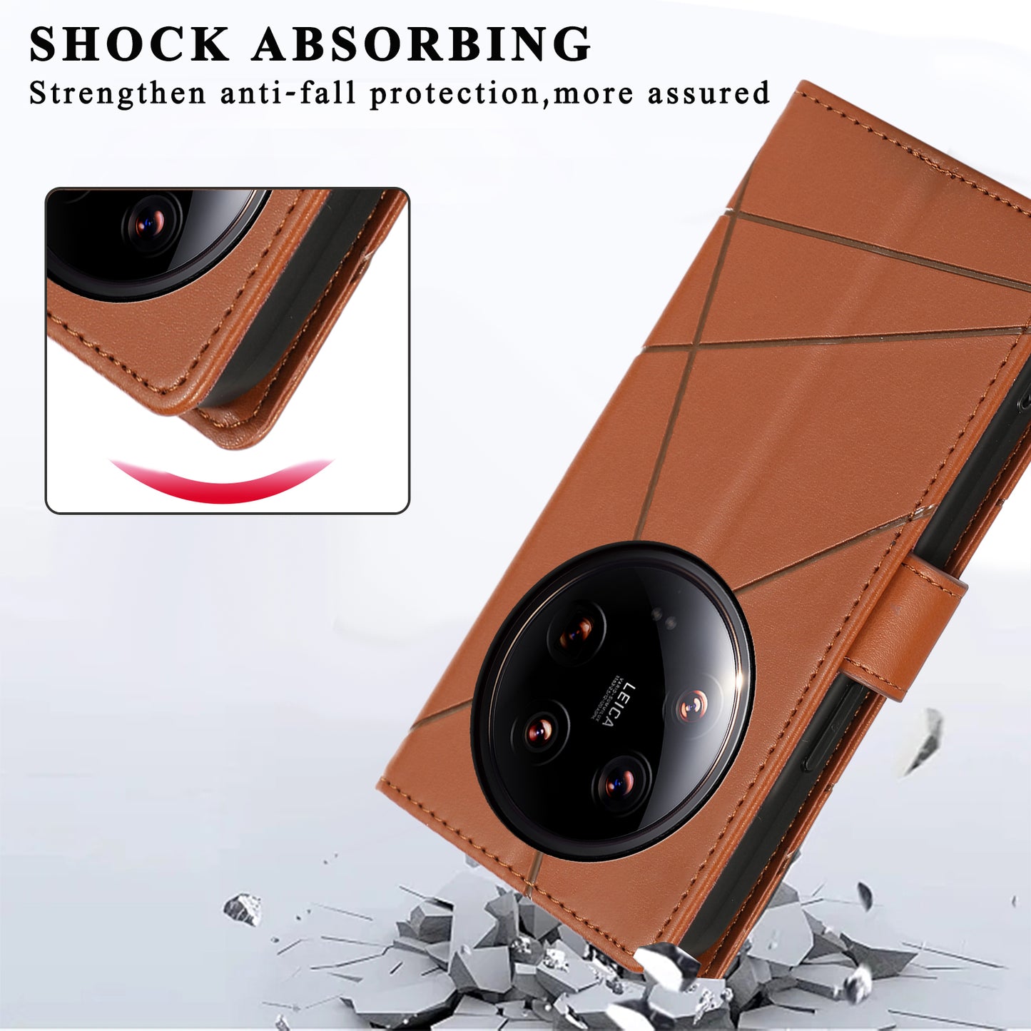 DF-06 For Xiaomi 14 Ultra Case Line Imprinted Leather Phone Cases Wholesale - Brown
