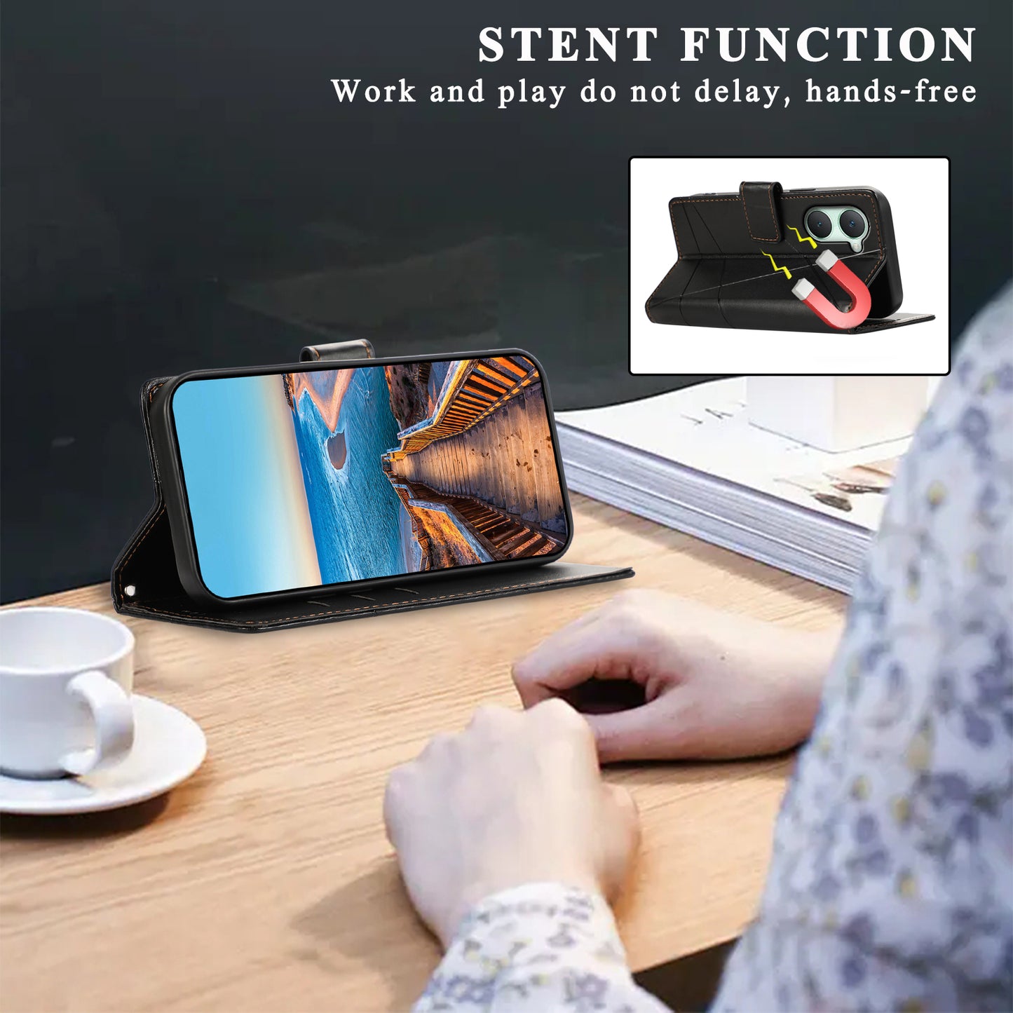 DF-06 For vivo Y03 Phone Case Line Imprinted Leather Cover Cell Phone Parts Wholesale - Black