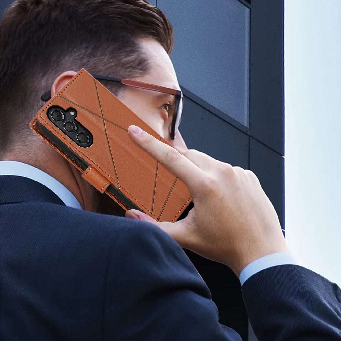 DF-06 For Samsung Galaxy M55 5G Case Line Imprint Leather Bump Proof Cover Cell Phone Accessory Wholesale - Brown