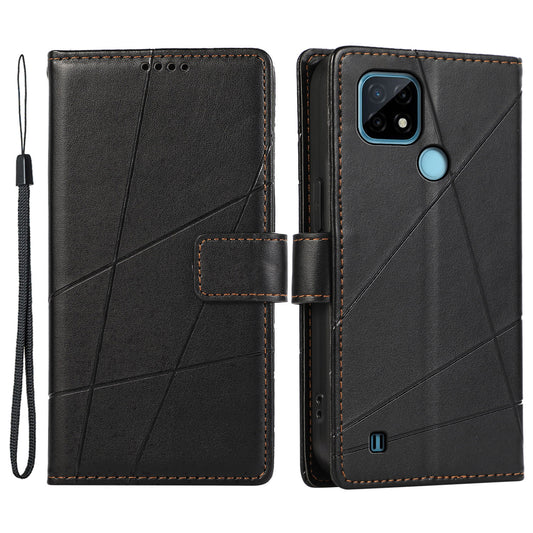 DF-06 For Realme C21 4G Wallet Case Cell Phone Accessory Wholesale Line Imprint Leather Phone Cover - Black