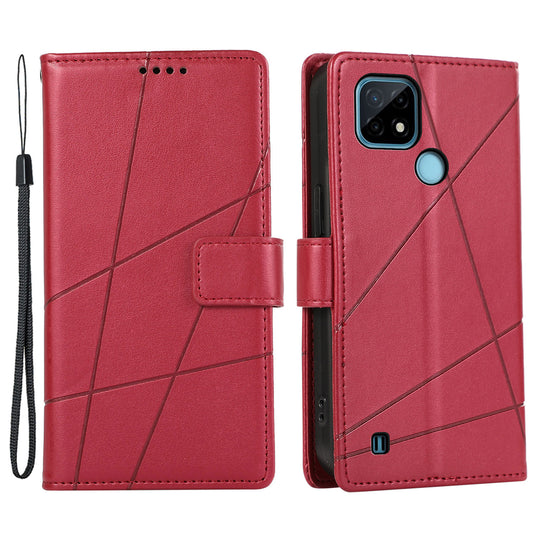 DF-06 For Realme C21 4G Wallet Case Cell Phone Accessory Wholesale Line Imprint Leather Phone Cover - Red