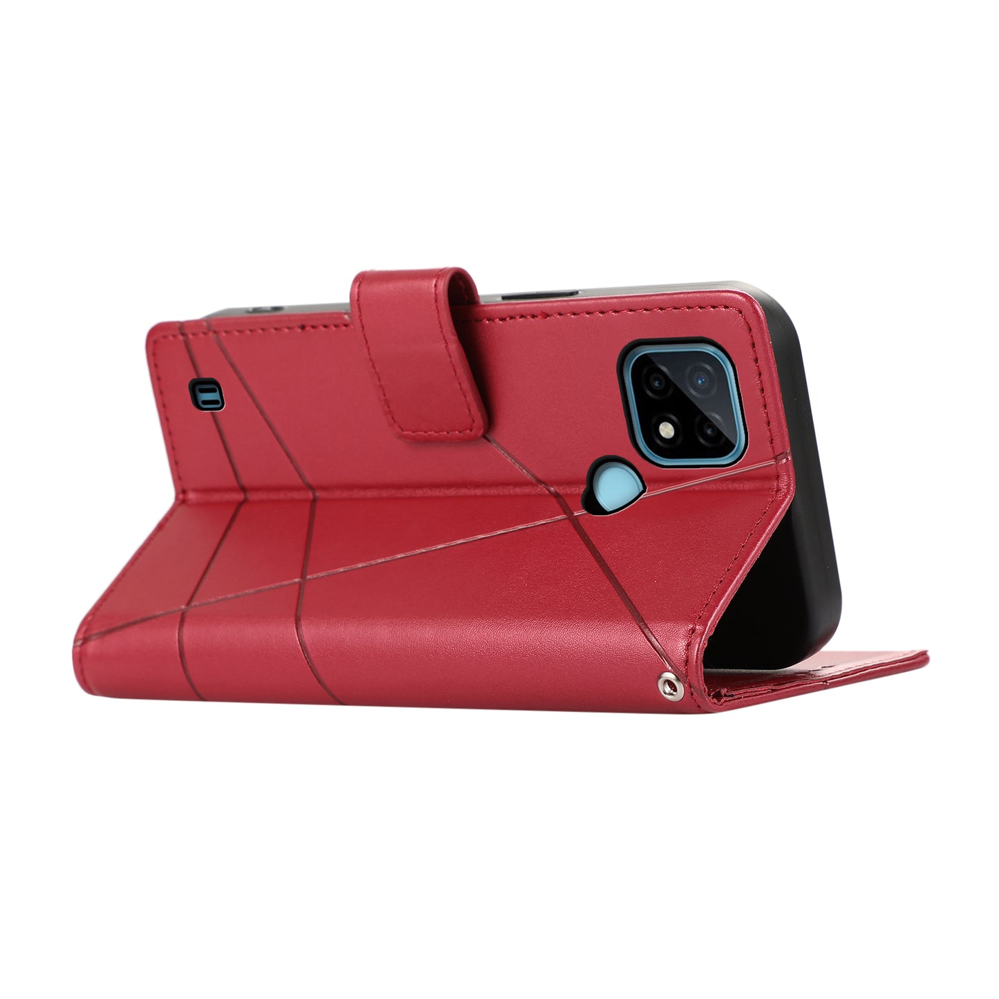 DF-06 For Realme C21 4G Wallet Case Cell Phone Accessory Wholesale Line Imprint Leather Phone Cover - Red