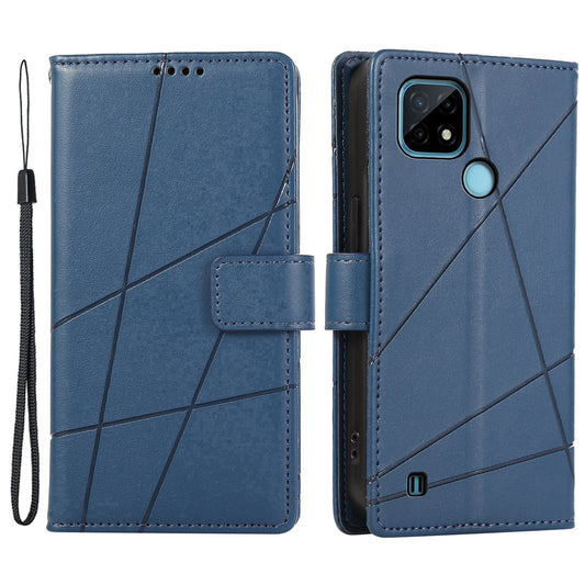 DF-06 For Realme C21 4G Wallet Case Cell Phone Accessory Wholesale Line Imprint Leather Phone Cover - Blue
