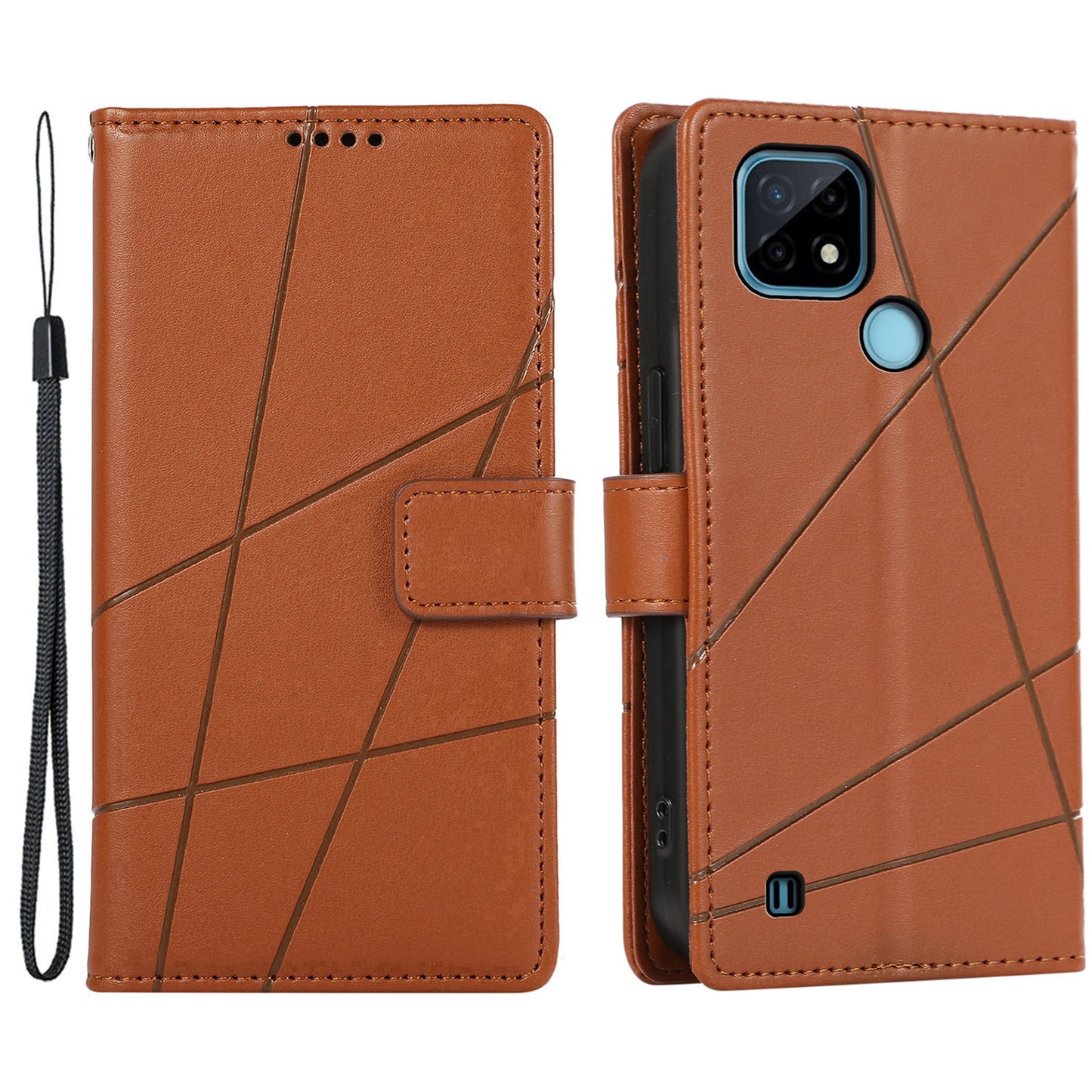 DF-06 For Realme C21 4G Wallet Case Cell Phone Accessory Wholesale Line Imprint Leather Phone Cover - Brown
