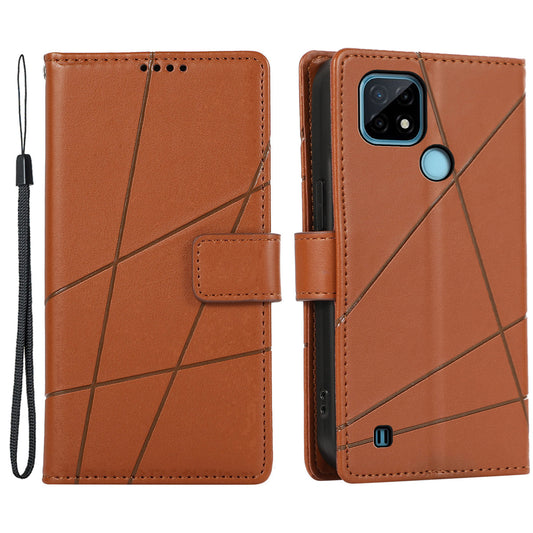 DF-06 For Realme C21 4G Wallet Case Cell Phone Accessory Wholesale Line Imprint Leather Phone Cover - Brown