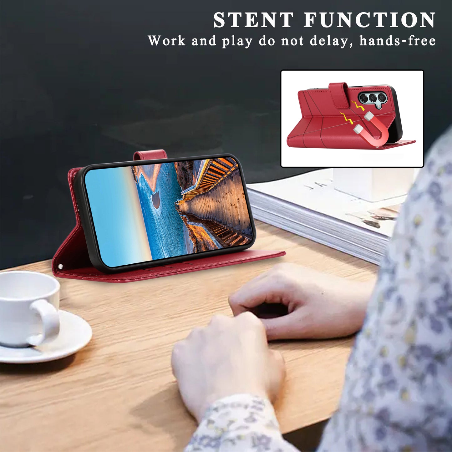 DF-06 For Samsung Galaxy M15 5G / F15 5G Case Line Imprinted Leather Flip Cover Mobile Accessories Wholesale - Red