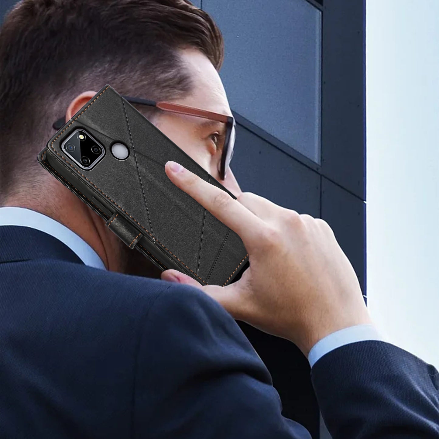 DF-06 For Realme C12 Case Mobile Accessories Wholesale Line Imprinted PU Leather Wallet Phone Cover - Black