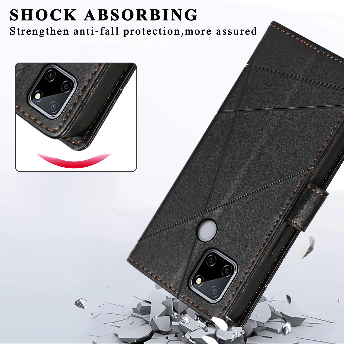 DF-06 For Realme C12 Case Mobile Accessories Wholesale Line Imprinted PU Leather Wallet Phone Cover - Black