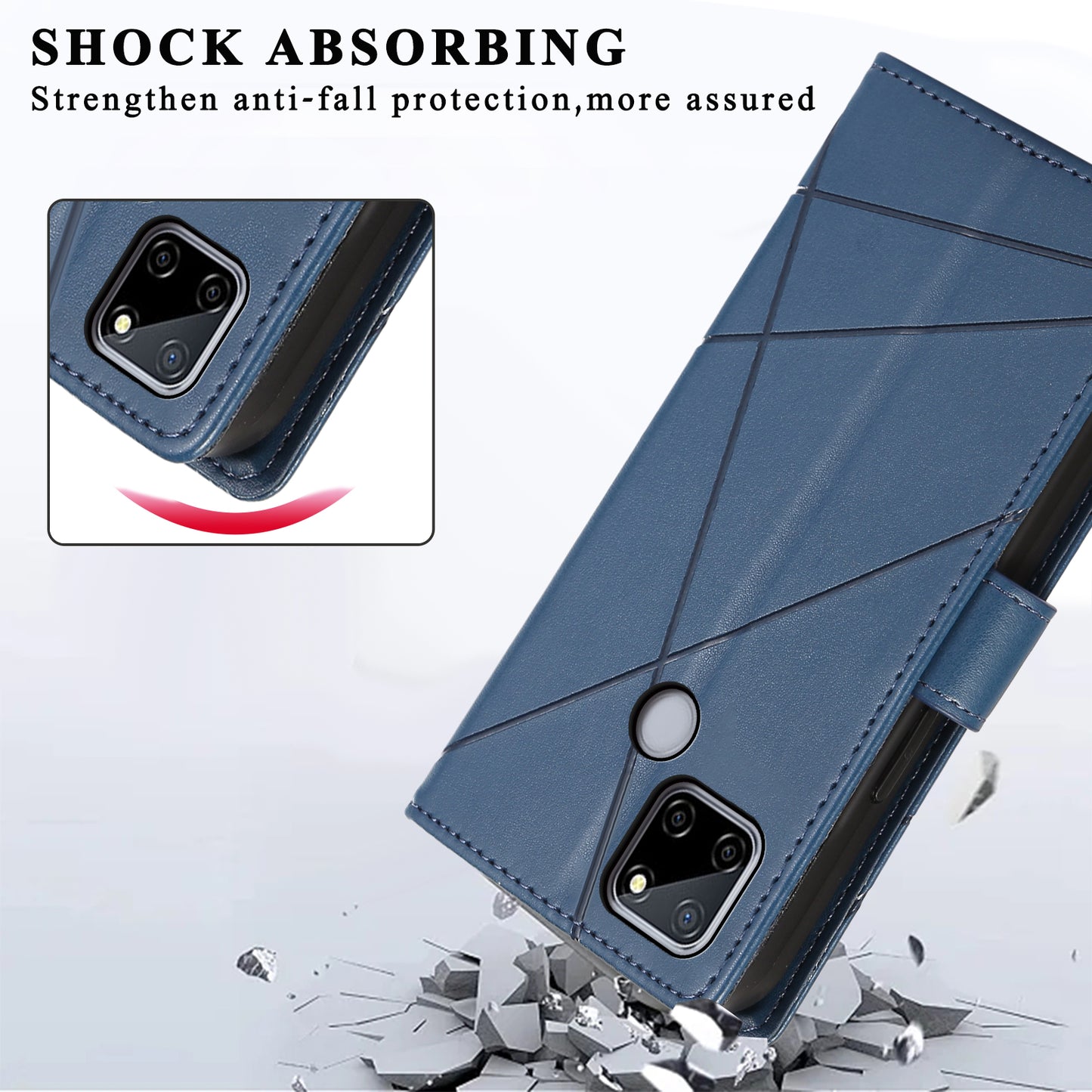 DF-06 For Realme C12 Case Mobile Accessories Wholesale Line Imprinted PU Leather Wallet Phone Cover - Blue