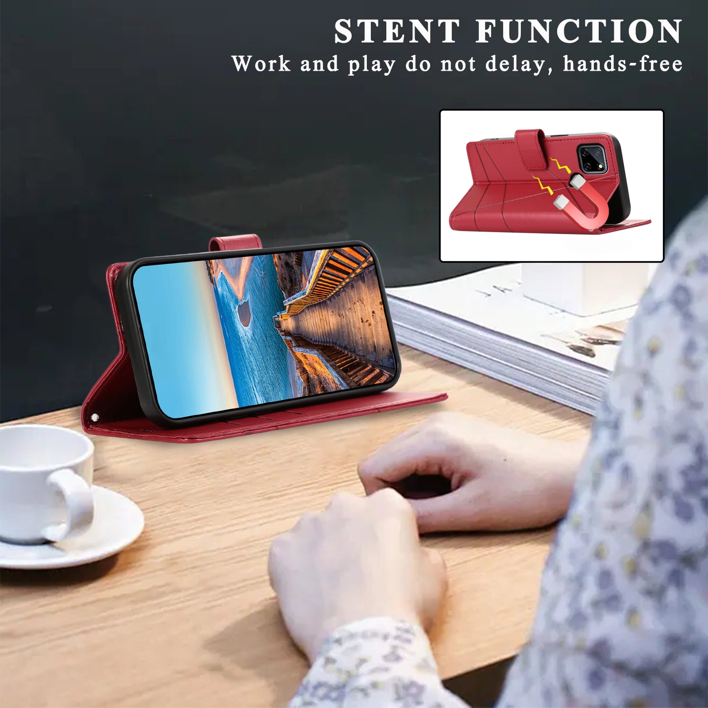 DF-06 For Realme C12 Case Mobile Accessories Wholesale Line Imprinted PU Leather Wallet Phone Cover - Red