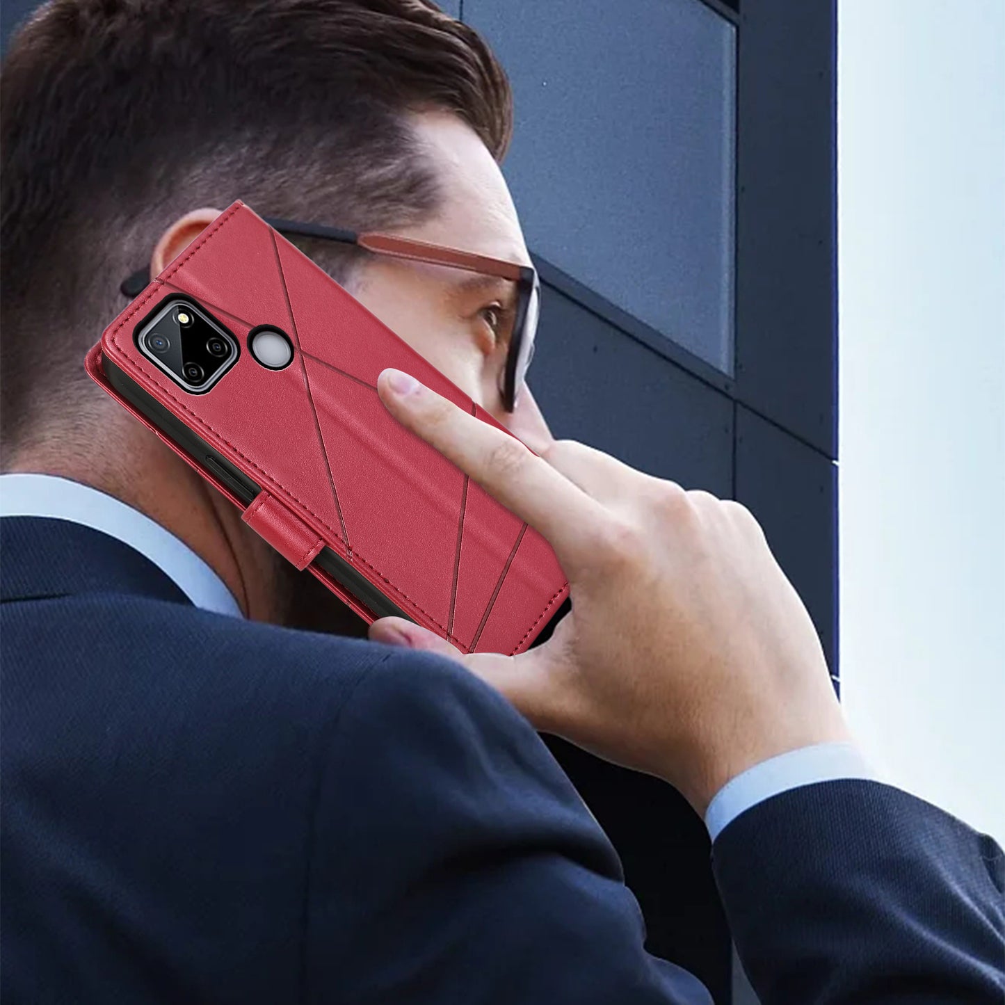 DF-06 For Realme C12 Case Mobile Accessories Wholesale Line Imprinted PU Leather Wallet Phone Cover - Red