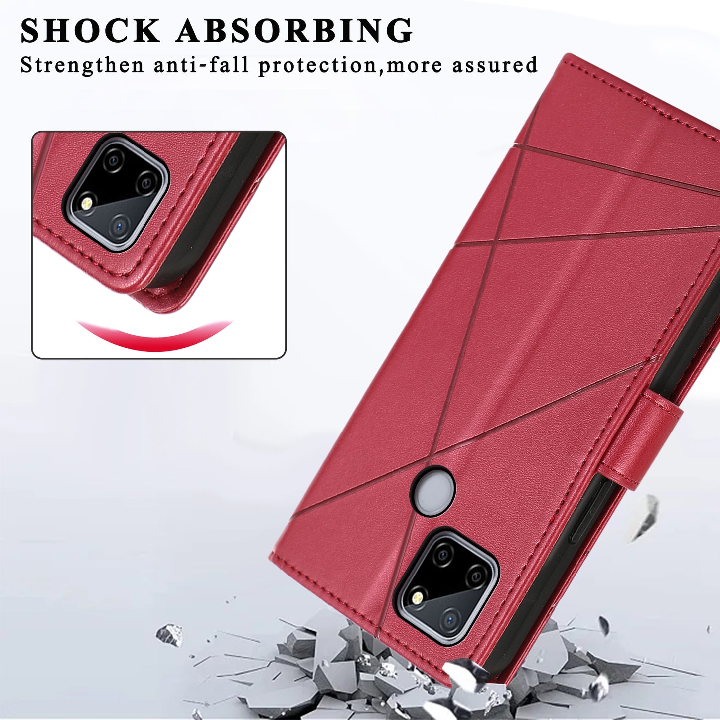DF-06 For Realme C12 Case Mobile Accessories Wholesale Line Imprinted PU Leather Wallet Phone Cover - Red