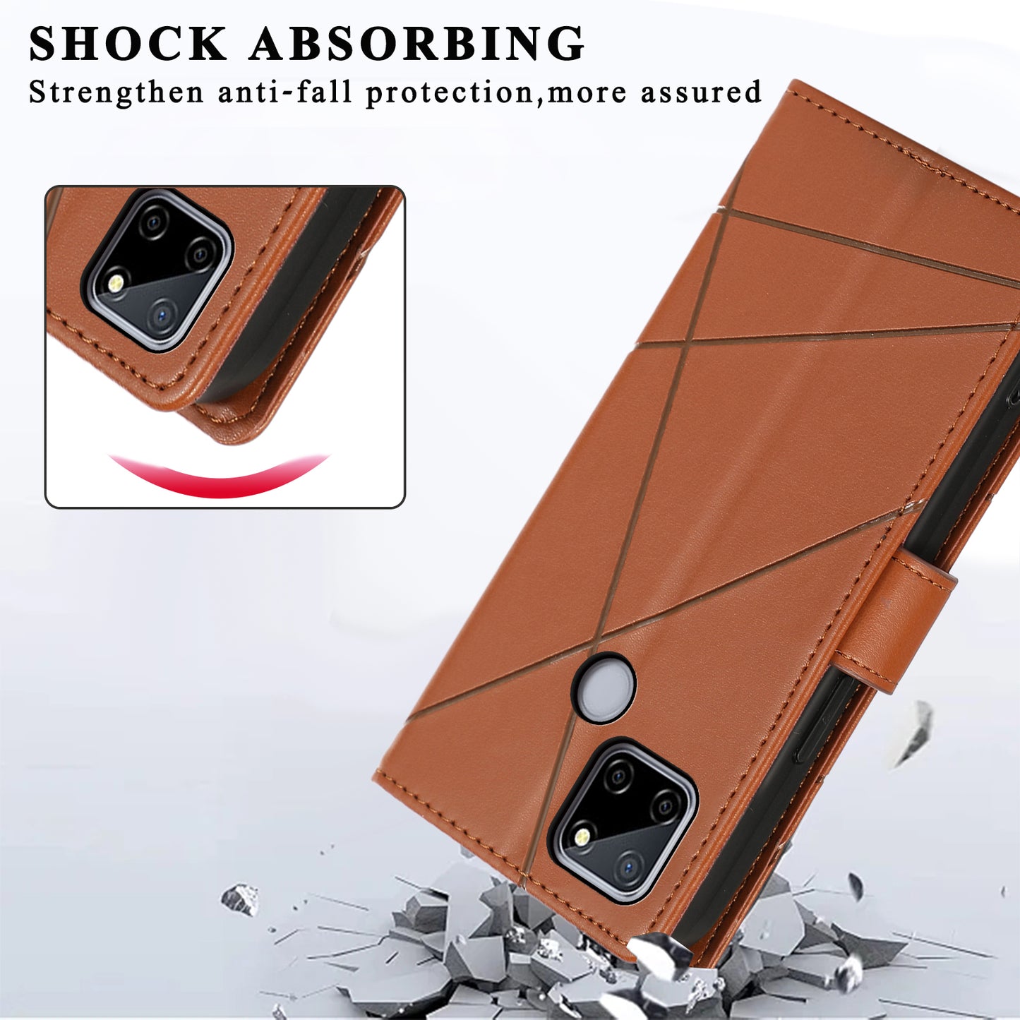 DF-06 For Realme C12 Case Mobile Accessories Wholesale Line Imprinted PU Leather Wallet Phone Cover - Brown