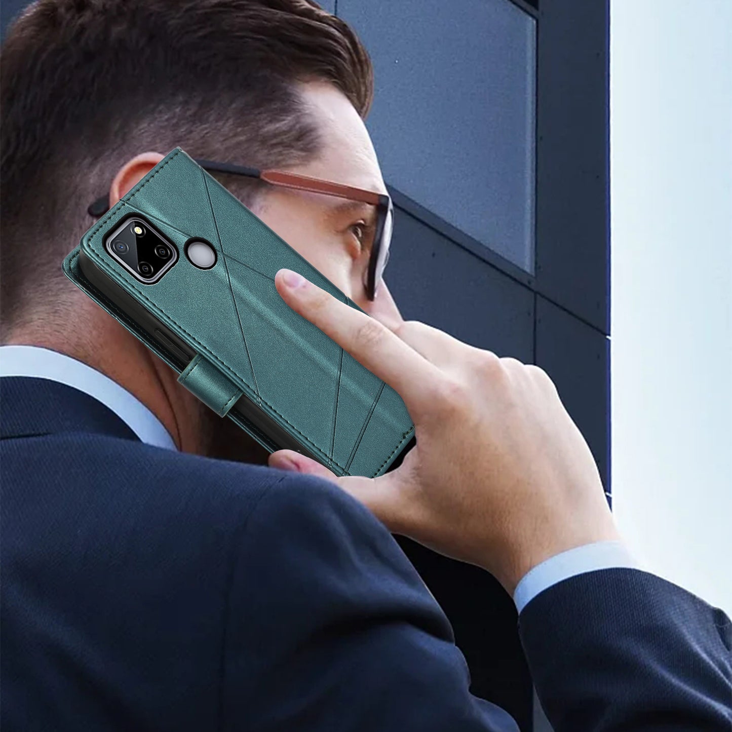 DF-06 For Realme C12 Case Mobile Accessories Wholesale Line Imprinted PU Leather Wallet Phone Cover - Green