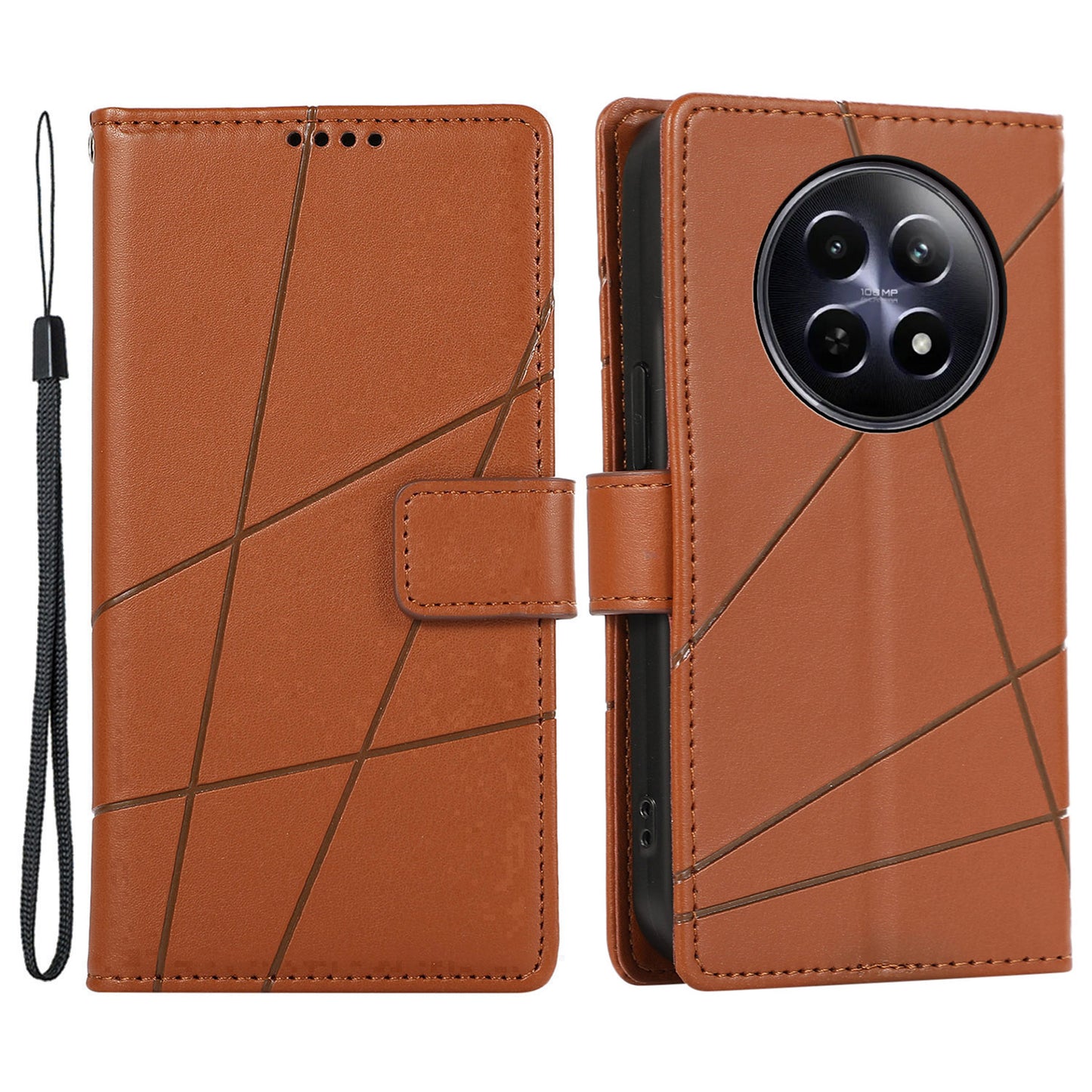 DF-06 For Realme 12 / 12x 5G Case Cell Phone Accessory Wholesale Line Imprint Leather Wallet Phone Cover - Brown