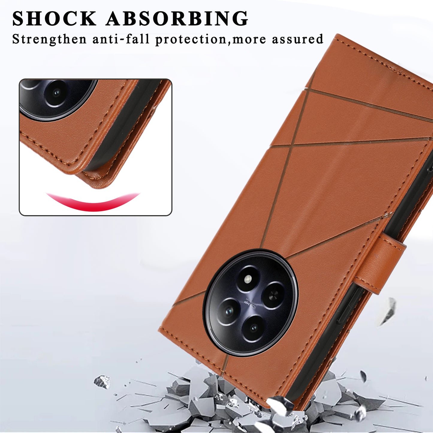 DF-06 For Realme 12 / 12x 5G Case Cell Phone Accessory Wholesale Line Imprint Leather Wallet Phone Cover - Brown