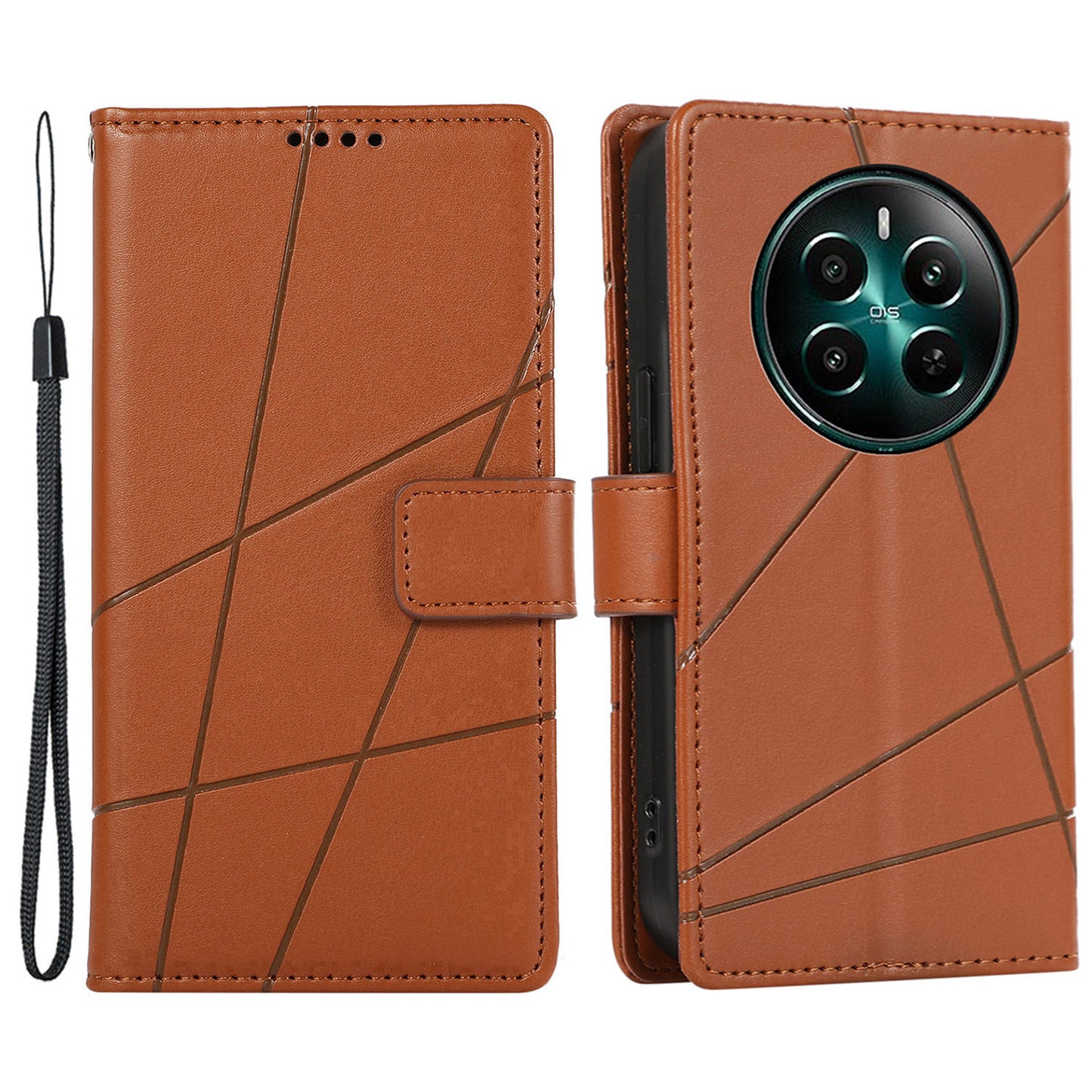DF-06 For Realme 12+ 5G / Narzo 70 Pro 5G Case Line Imprint Wallet Cover Wholesale Cell Phone Accessories - Brown