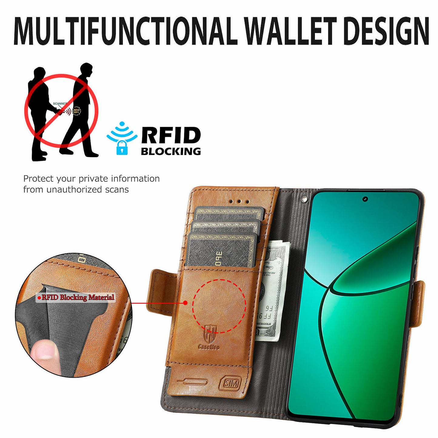 CASENEO 002 Series For Realme 12+ 5G Case Leather Wallet Cover Cell Phone Accessories Wholesale - Light Brown